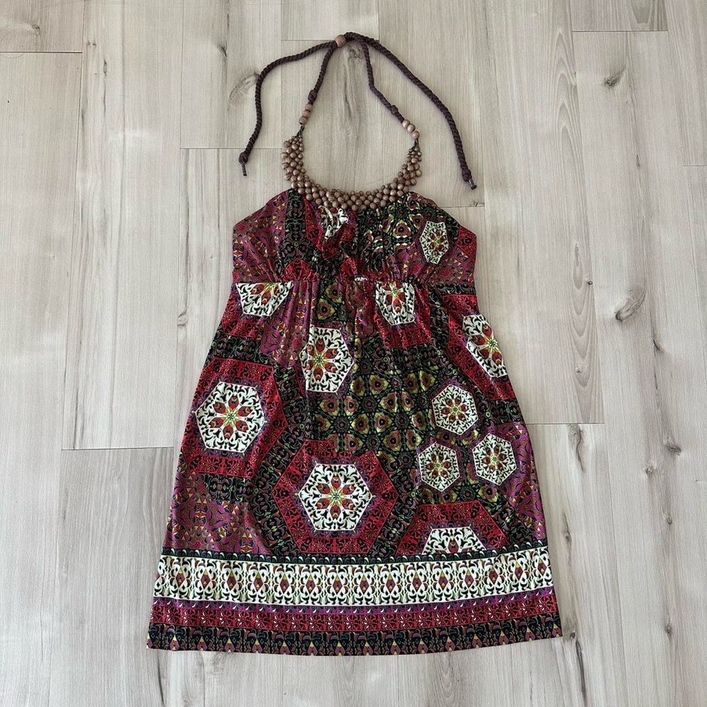 city triangles boho beaded halter mini dress